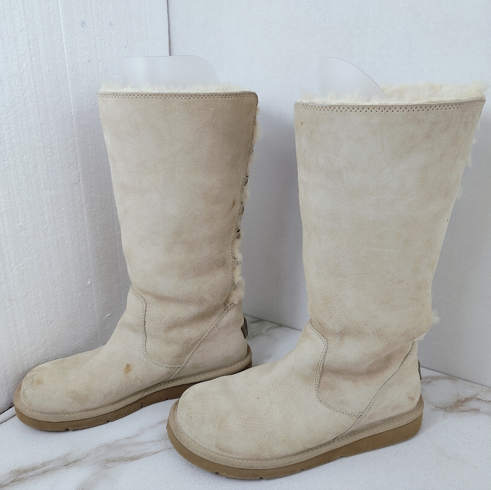 UGG Tall Lace-Back Shearling Boots in Light Beige/Cream - Picture 3 of 14